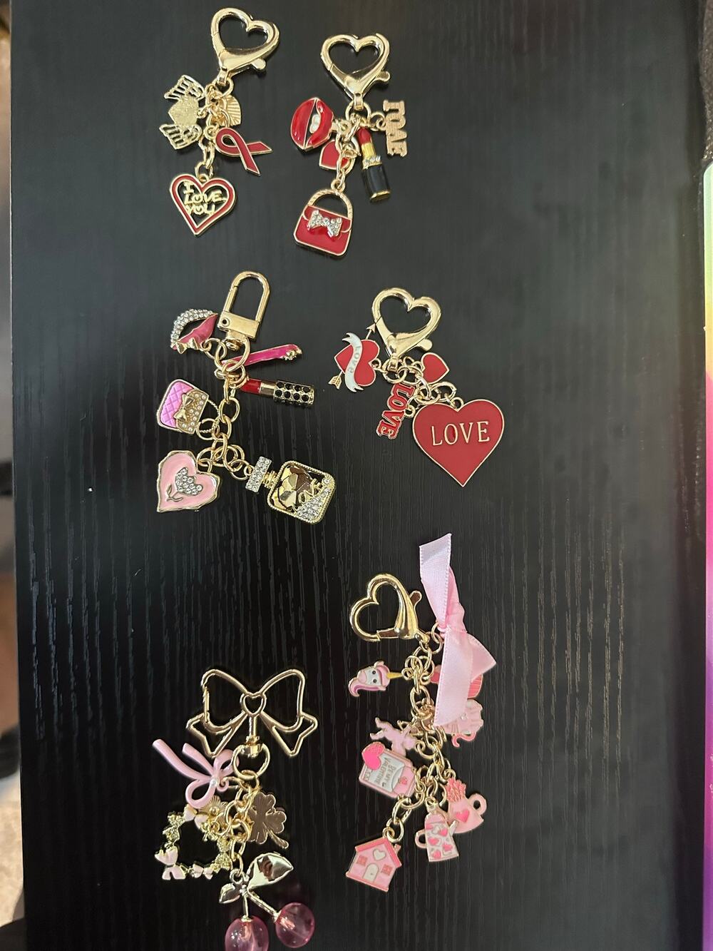 Piece Purse Charm Keychain Set Hearts Bows Cherries Pink Red Gold Tone